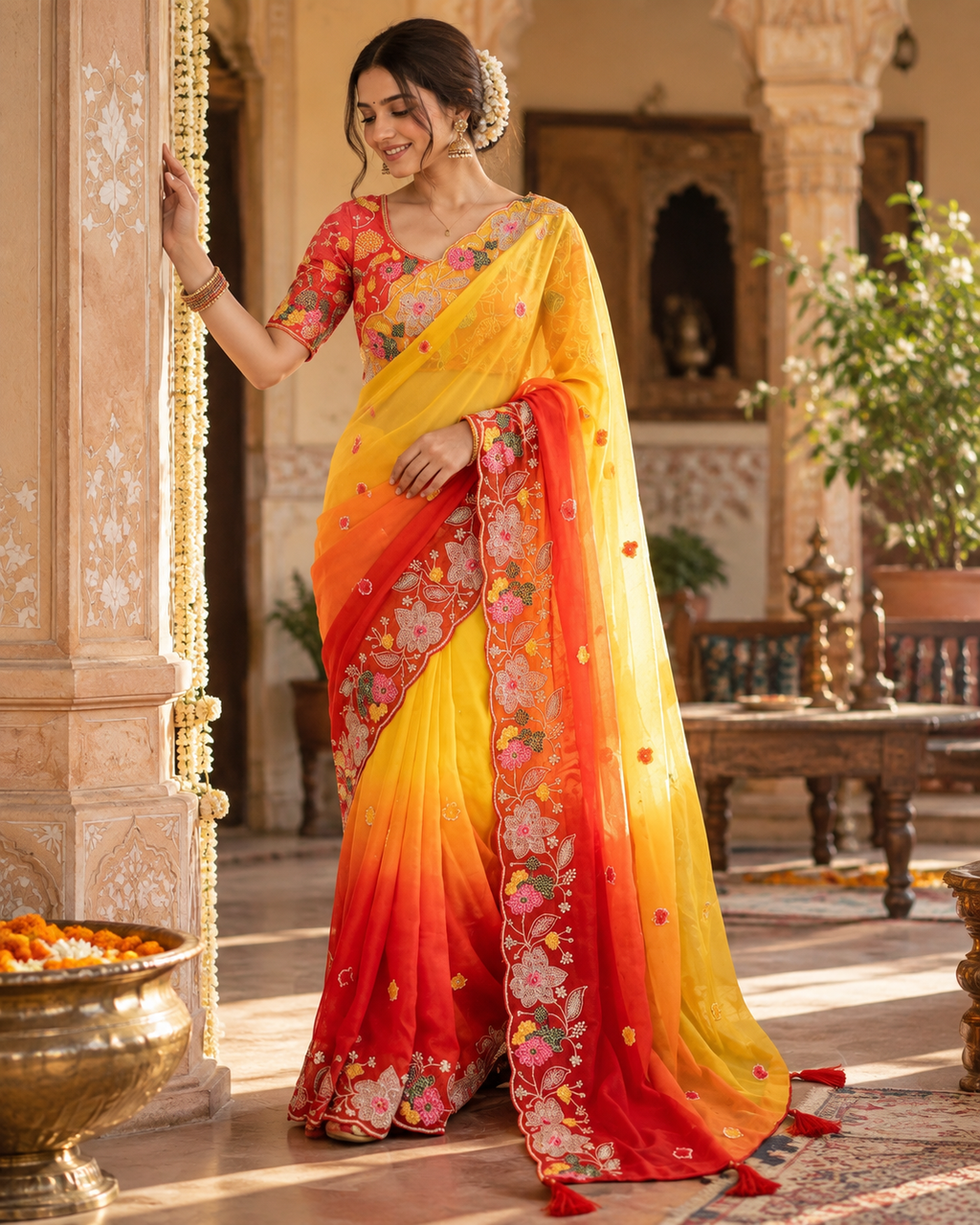 Georgette Embroidery Work Saree With Unstitched Blouse(Yellow)