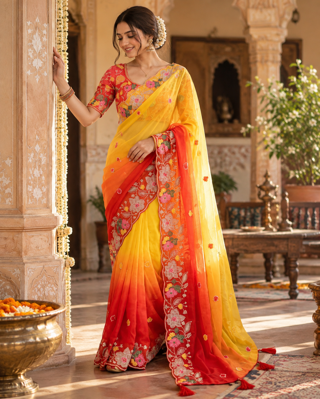 Georgette Embroidery Work Saree With Unstitched Blouse(Yellow)