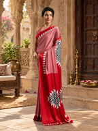 Satin Silk Ajrakh Printed Saree With Unstitched Blouse(Red)