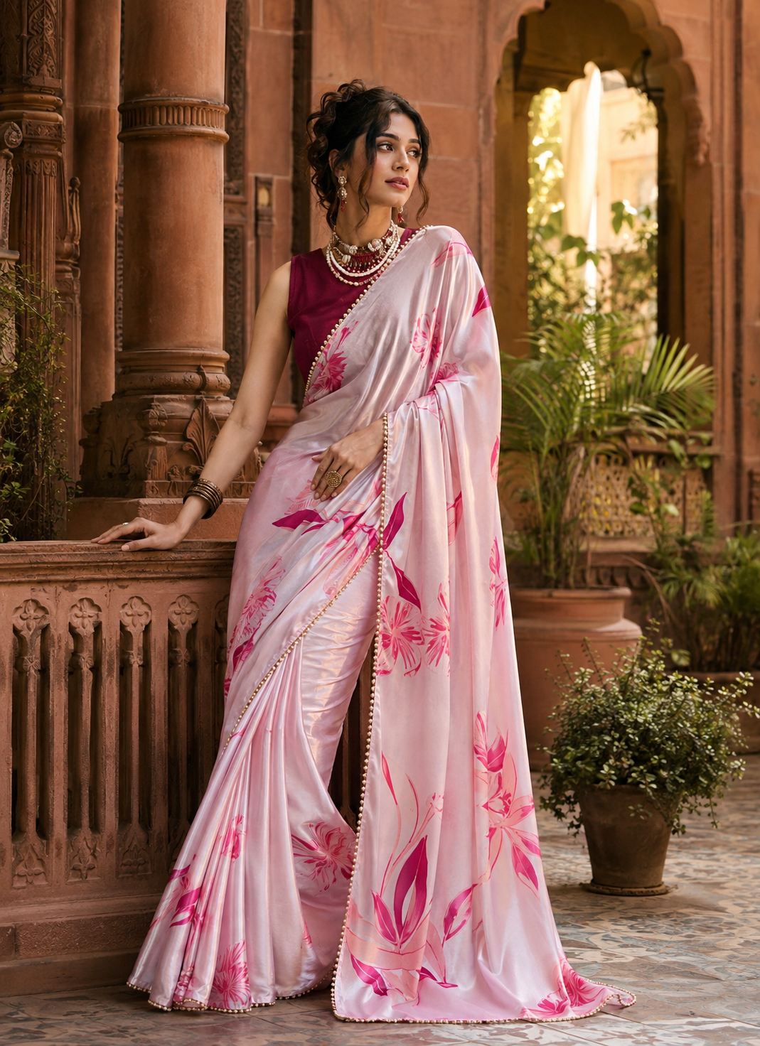 Satin Silk Party Wear Saree With Unstitched Blouse(Baby Pink)