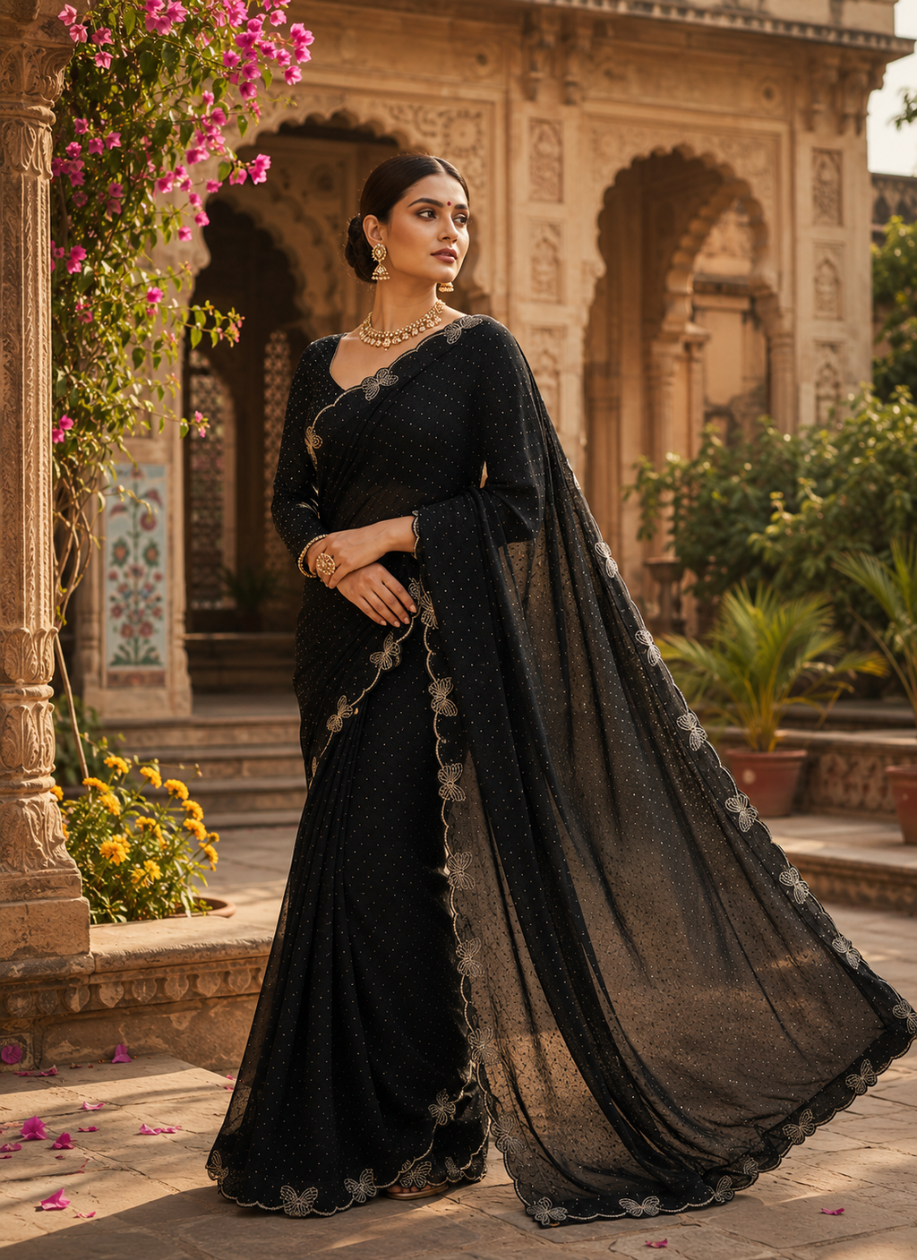 Georgette Saree With Unstitched Blouse(Black)