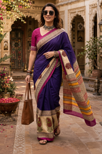 Load image into Gallery viewer, Mulmul Cotton Printed Saree With Unstitched Blouse(Purple)
