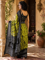 Mulmul Cotton Printed Pocket Saree With Unstitched Blouse(Green)