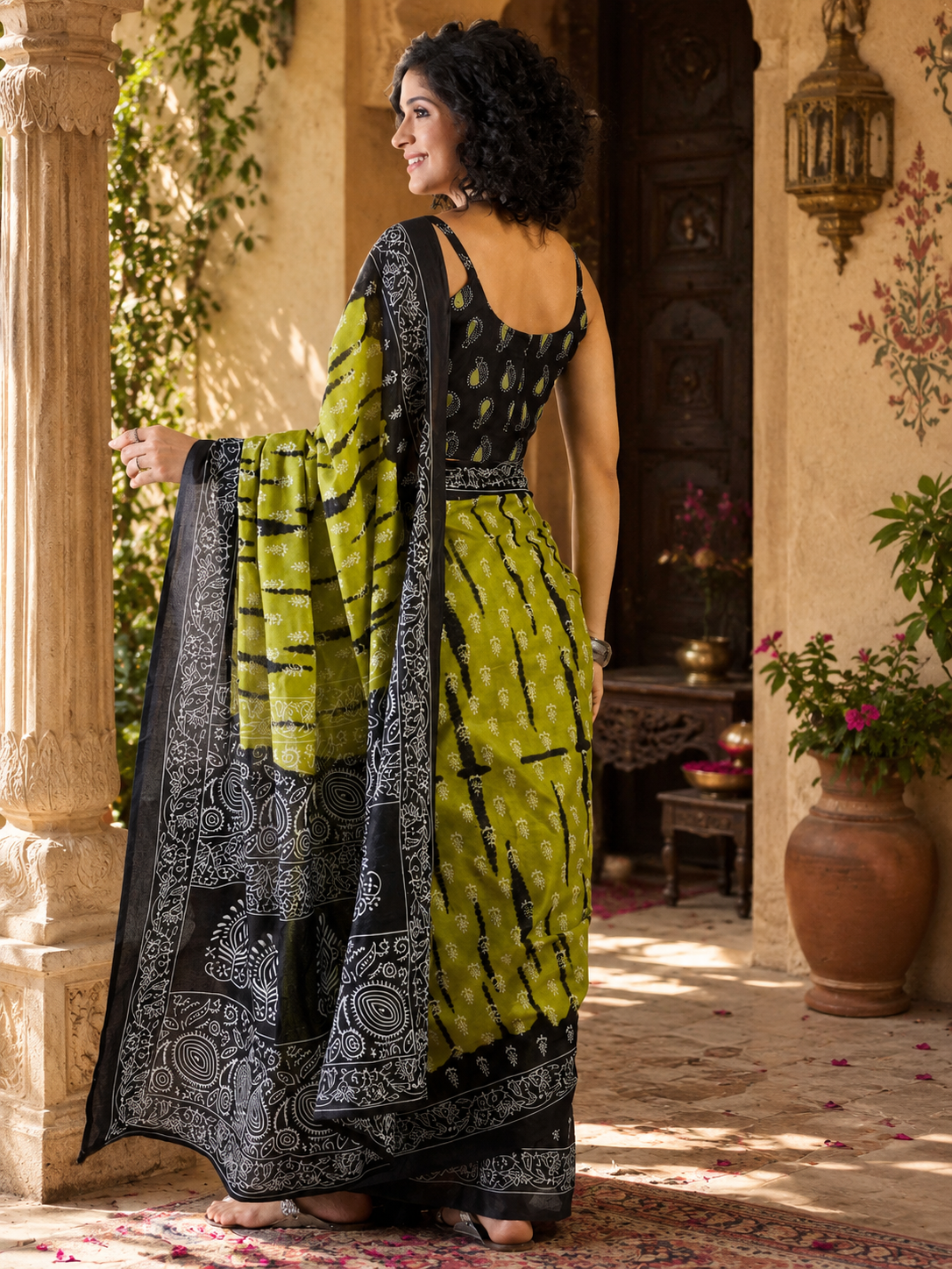 Mulmul Cotton Printed Pocket Saree With Unstitched Blouse(Green)