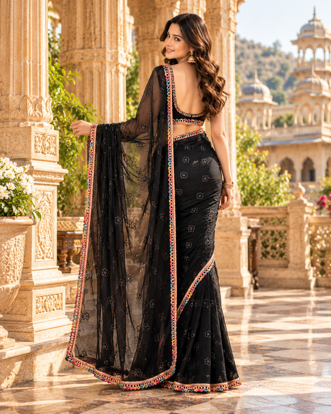 Kota Chex Embroidery Sequin Work Saree With Unstitched Blouse(Black)