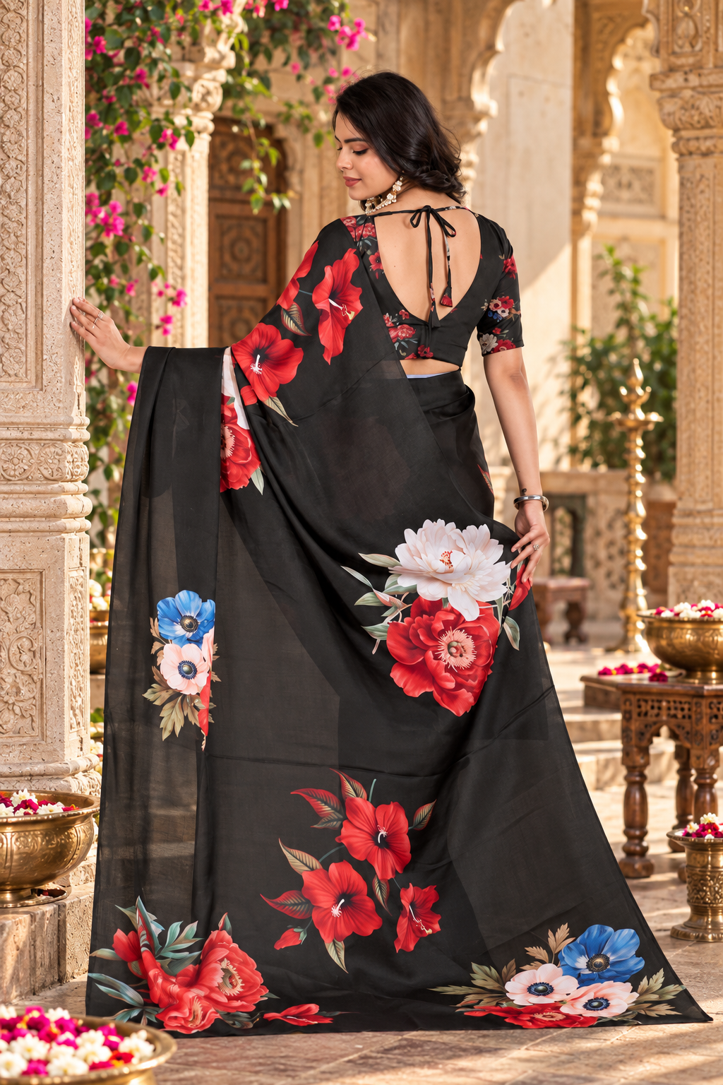 Satin Silk Printed Saree With Unstitched Blouse(Black)
