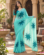 Georgette Digital Print Saree With Unstitched Blouse(Sky)