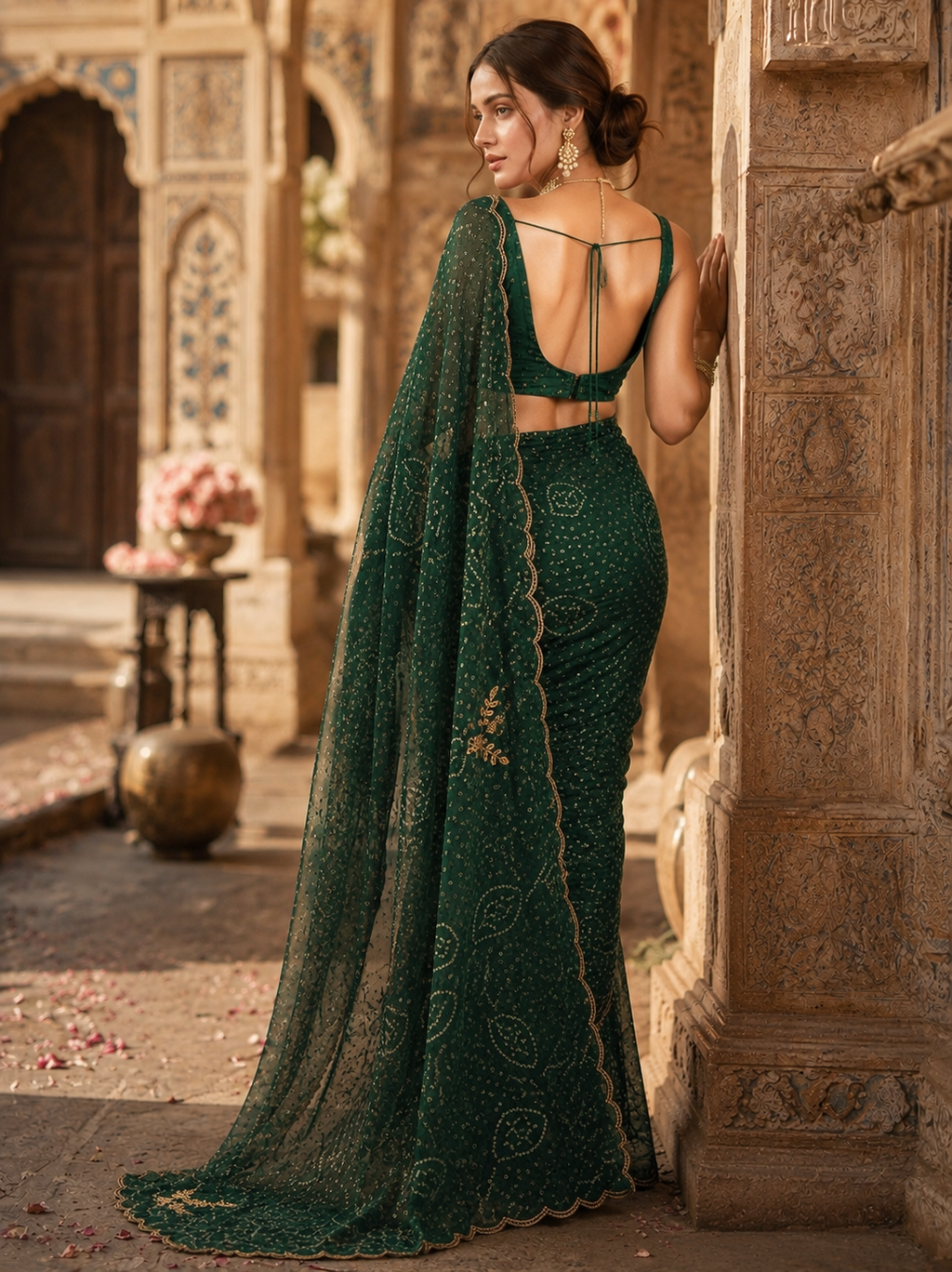 Georgette Hand Work Border Cut Saree With Unstitched Blouse(Green)