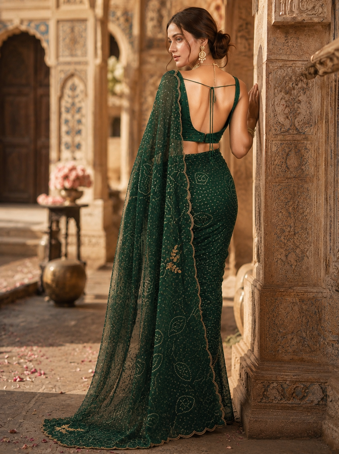 Georgette Hand Work Border Cut Saree With Unstitched Blouse(Green)