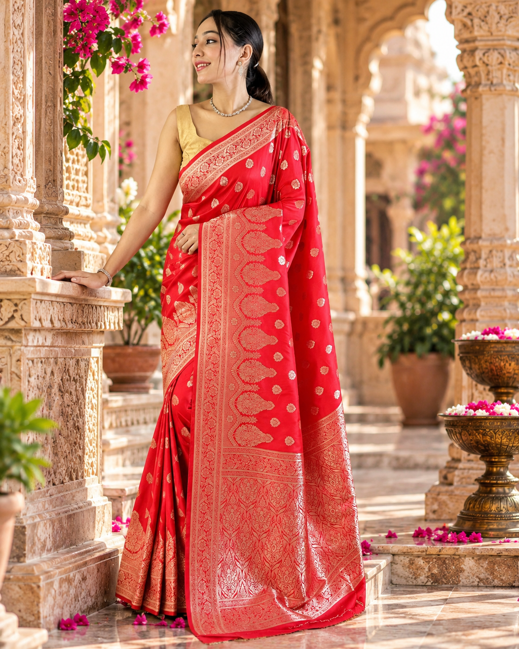 Banarasi Silk Golden Zari Border Work Saree With Unstitched Blouse(Red)