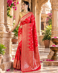 Banarasi Silk Golden Zari Border Work Saree With Unstitched Blouse(Red)