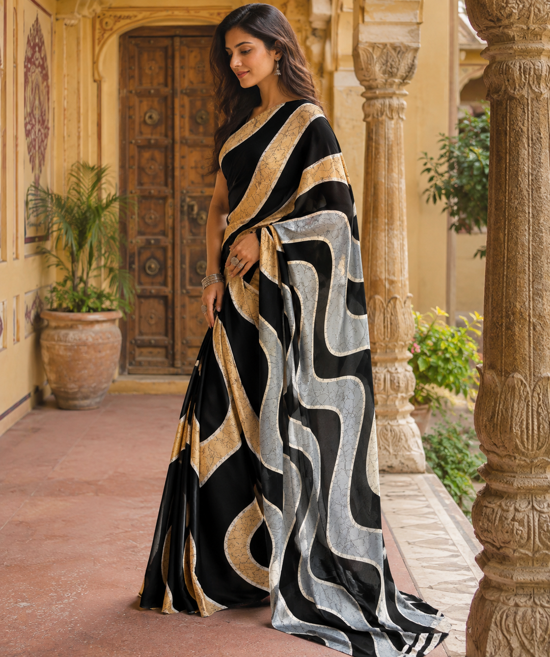 Premium Satin Silk Wave Print Saree With Unstitched Blouse(Black)