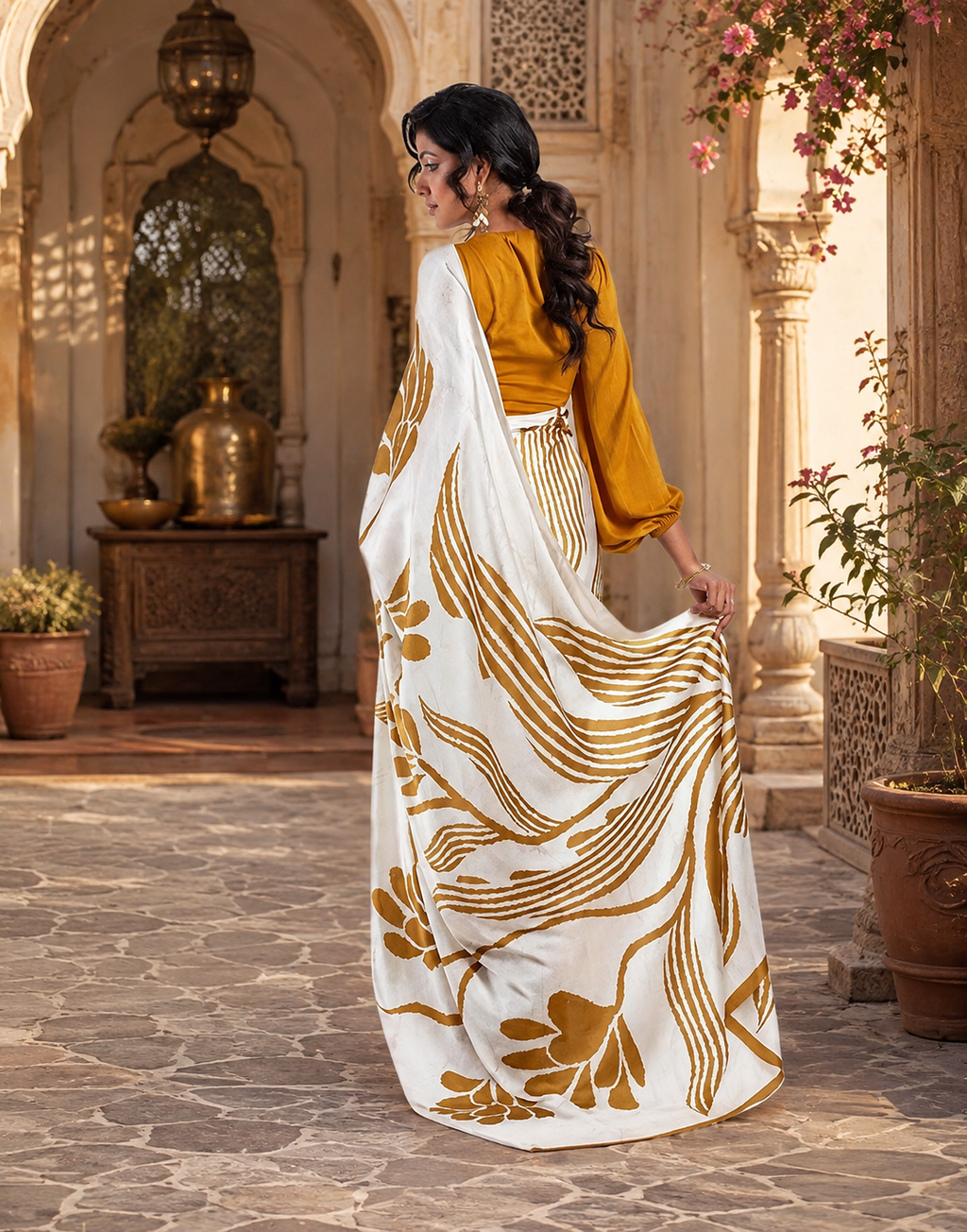 Satin Silk Digital Printed Saree With Unstitched Blouse(Mustard)