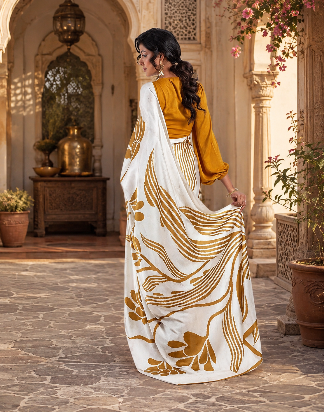Satin Silk Digital Printed Saree With Unstitched Blouse(Mustard)
