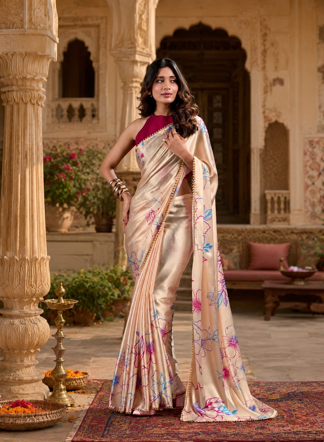 Satin Silk Party Wear Saree With Unstitched Blouse(Beige)