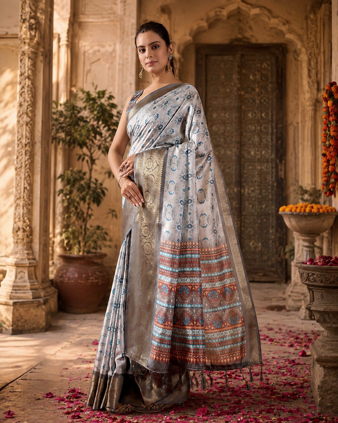 Soft Litchi Silk Party Wear Saree With Unstitched Blouse(Grey)