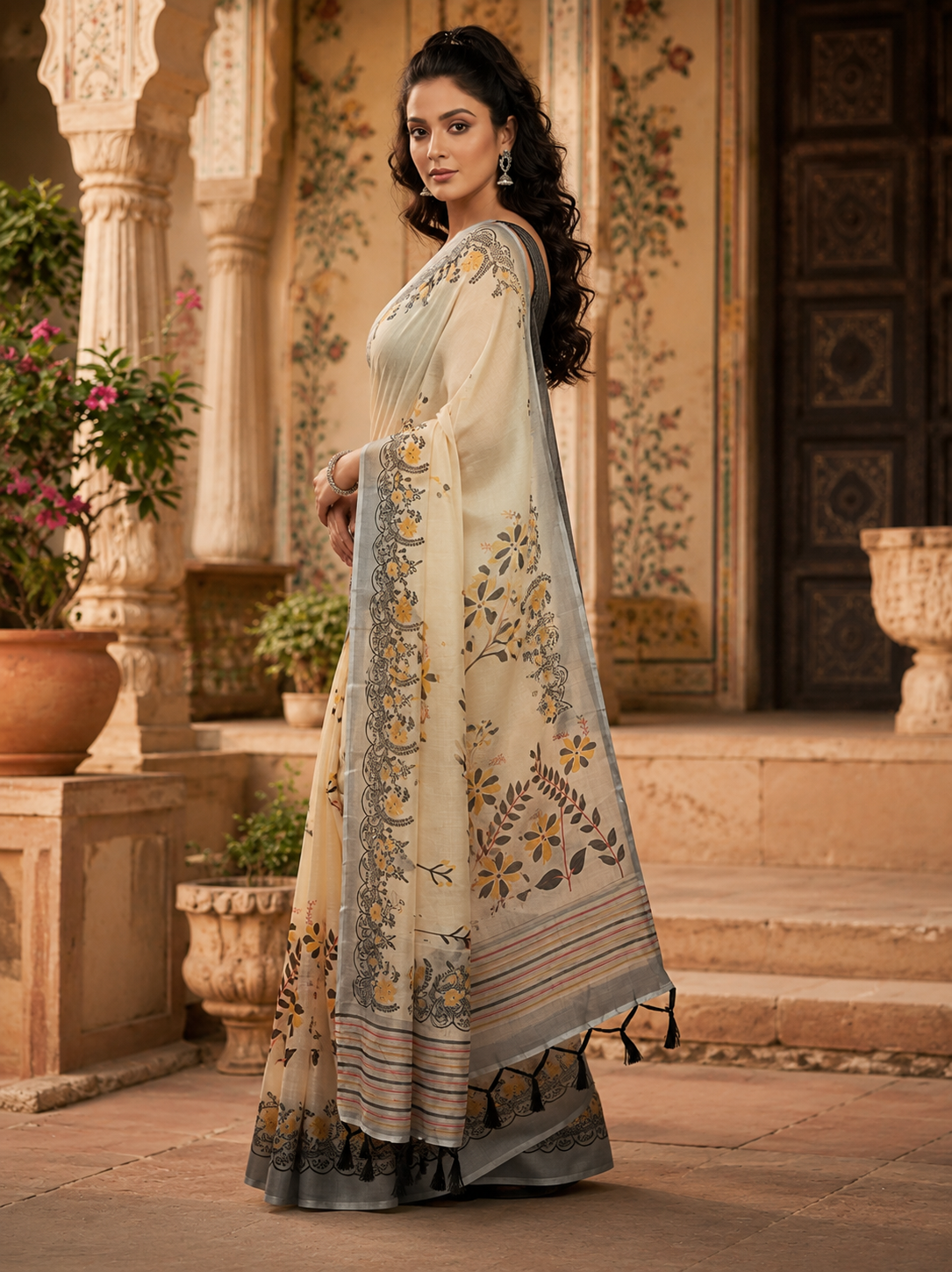 Blooming Linen Digital Printed Saree With Unstitched Blouse(Beige)