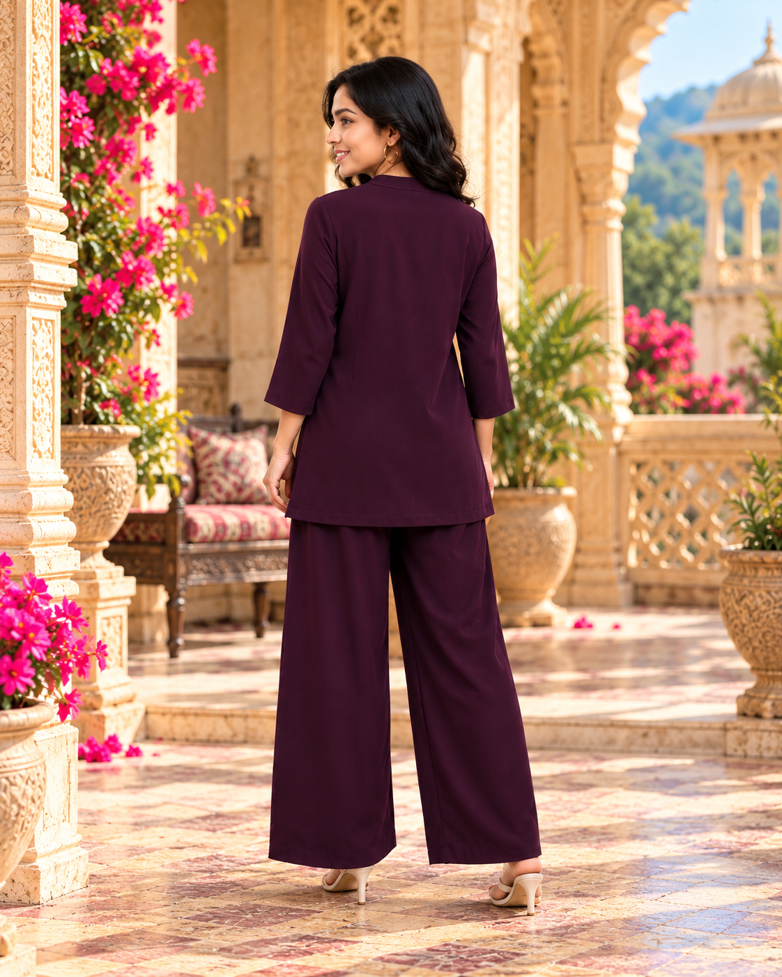 Pure Cotton Embroidery Work Kurti Pant Two Piece Set(Wine)