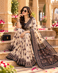 Pure Silk Printed Saree With Unstitche Blouse(White)