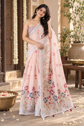 Linen Silver Zari Border Fumka Latakan Saree With Zari Border Unstitched Blouse (Cream)