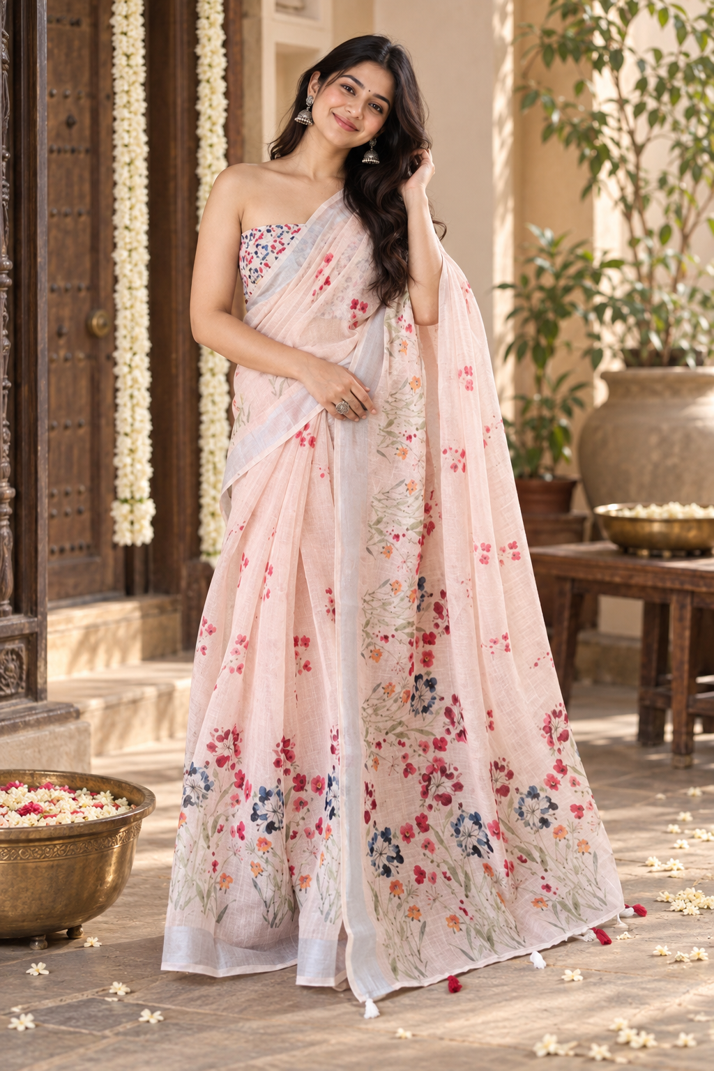 Linen Silver Zari Border Fumka Latakan Saree With Zari Border Unstitched Blouse (Cream)
