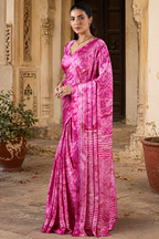 Satin Silk Ajrakh Printed Saree With Unstitched Blouse(Pink)