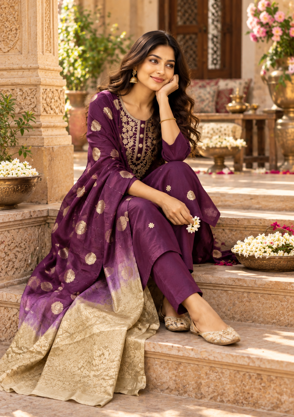 Roman Silk Kurti Pant With Dupatta Set(Wine)