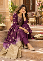 Roman Silk Kurti Pant With Dupatta Set(Wine)