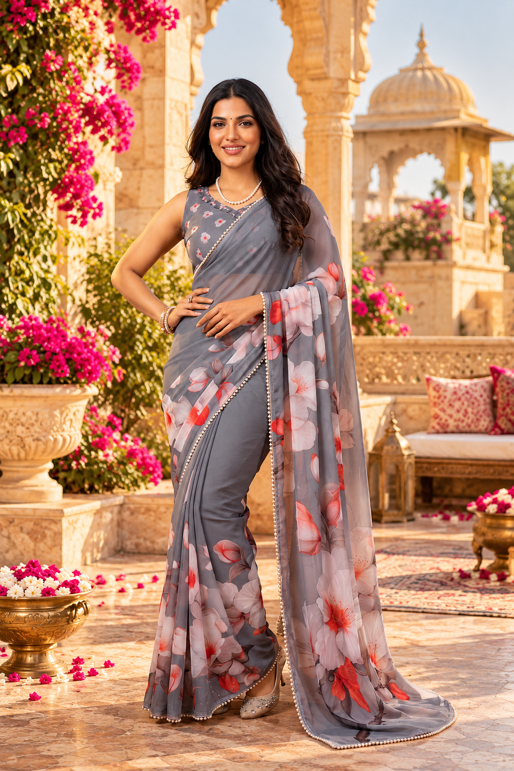 Premium Georgette Digital Print Moti Lace Work Saree With Unstitched Blouse(Grey)