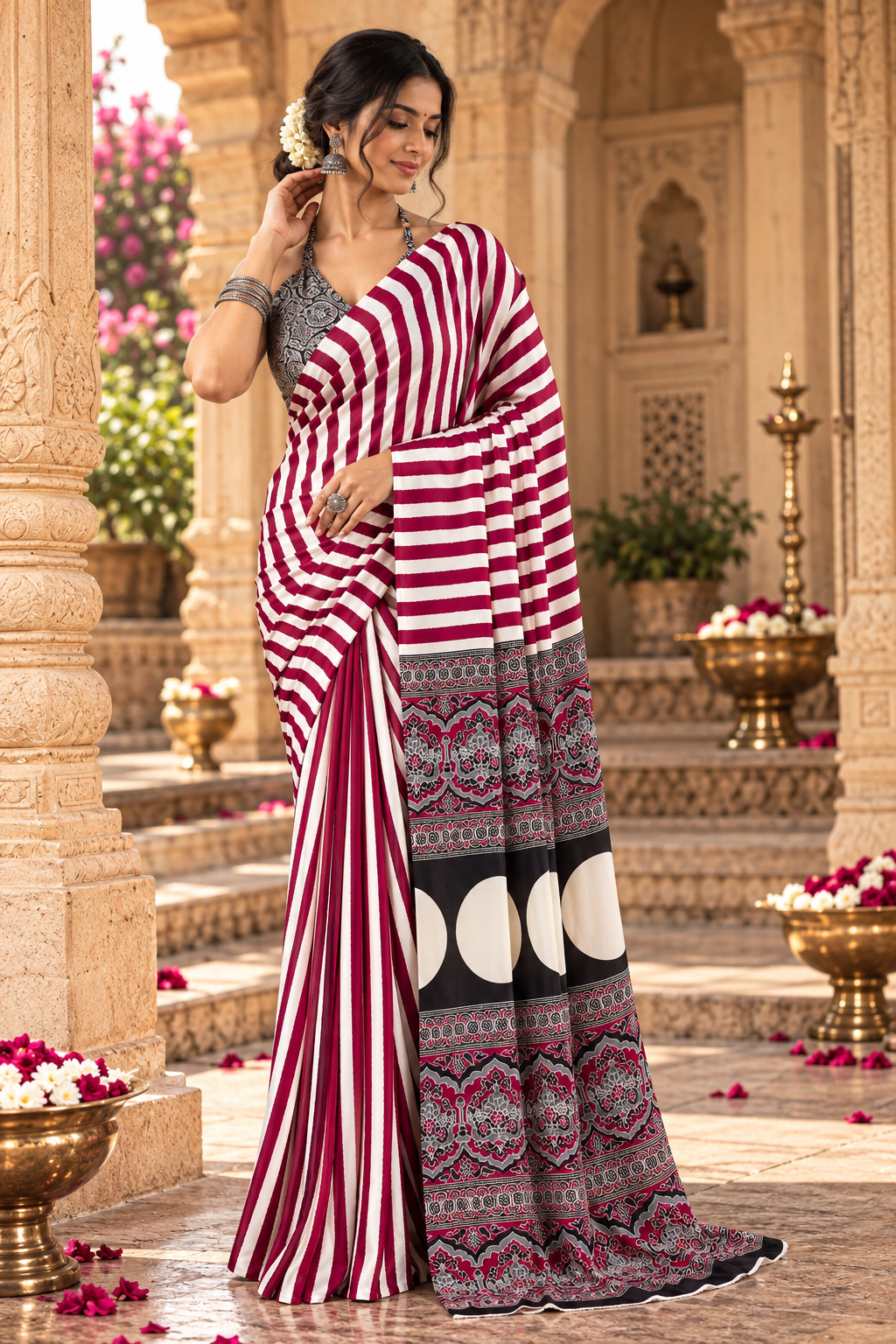 Satin Silk Ajrakh Printed Saree With Unstitched Blouse(Red)