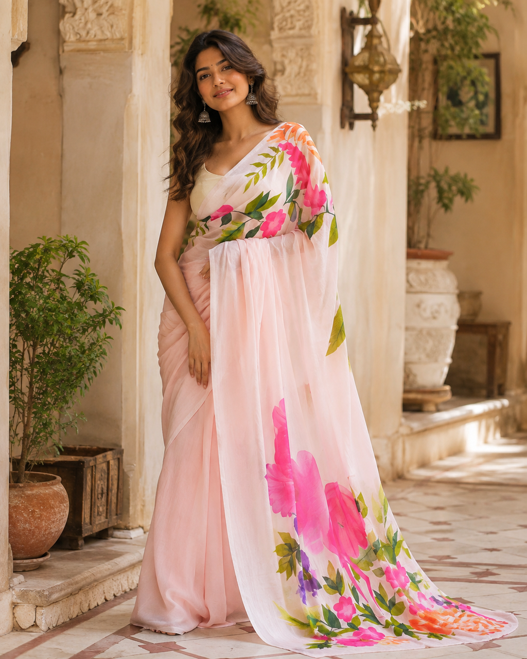 Cotton Floral Printed Saree With Unstitched Blouse(White)