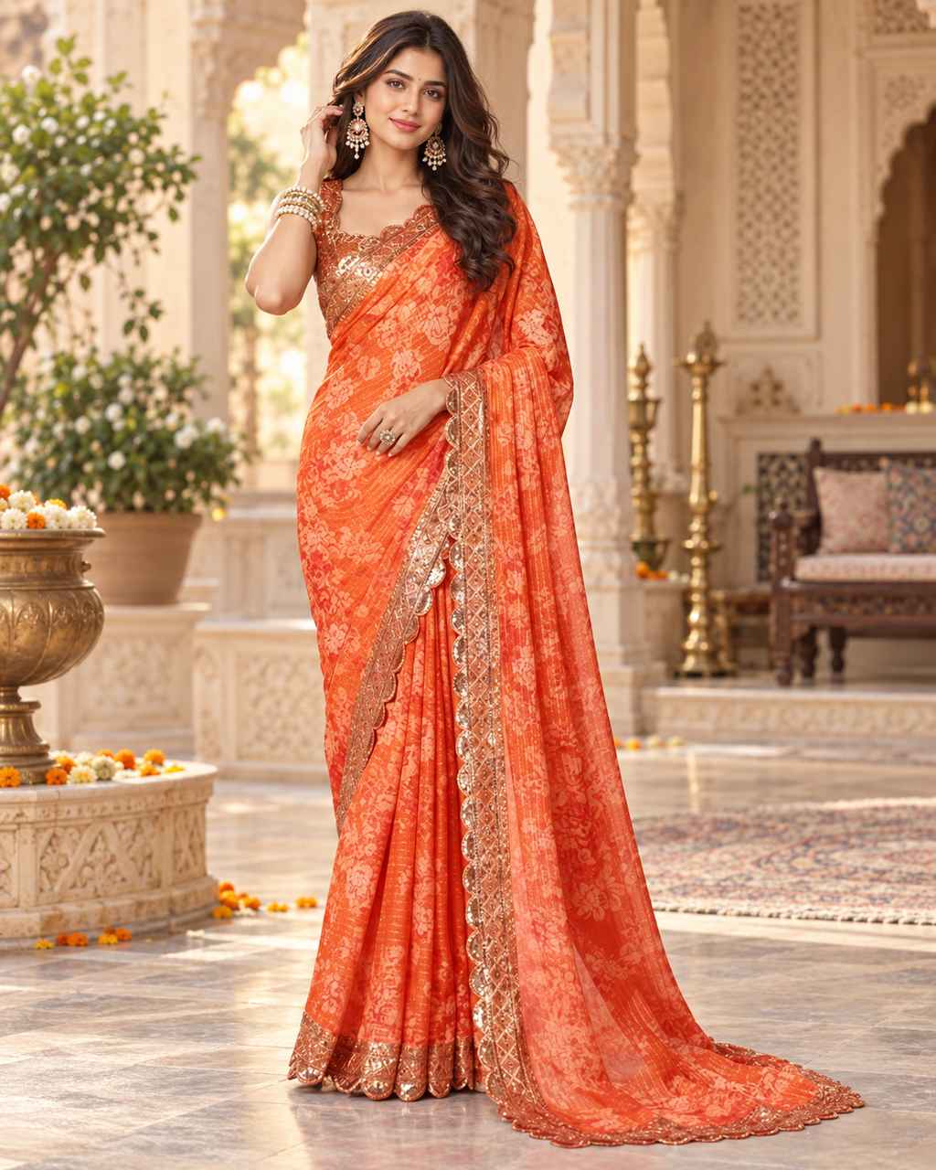 Organza Sequins Embroidery Work Saree With Unstitched Blouse(Orange)