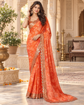 Organza Sequins Embroidery Work Saree With Unstitched Blouse(Orange)