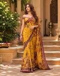 Premium Georgette Lace Border Saree With Unstitched Blouse(Yellow)
