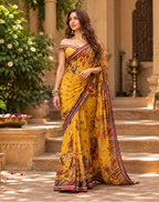 Premium Georgette Lace Border Saree With Unstitched Blouse(Yellow)