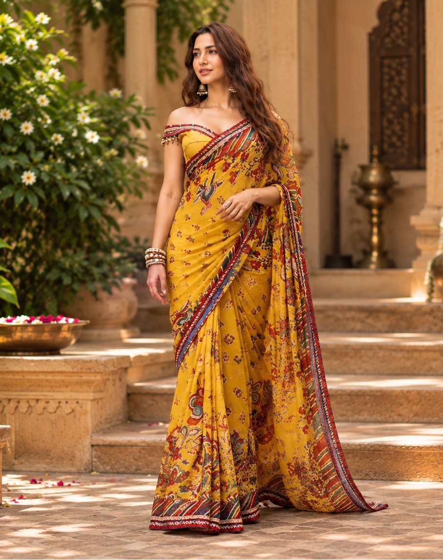 Premium Georgette Lace Border Saree With Unstitched Blouse(Yellow)