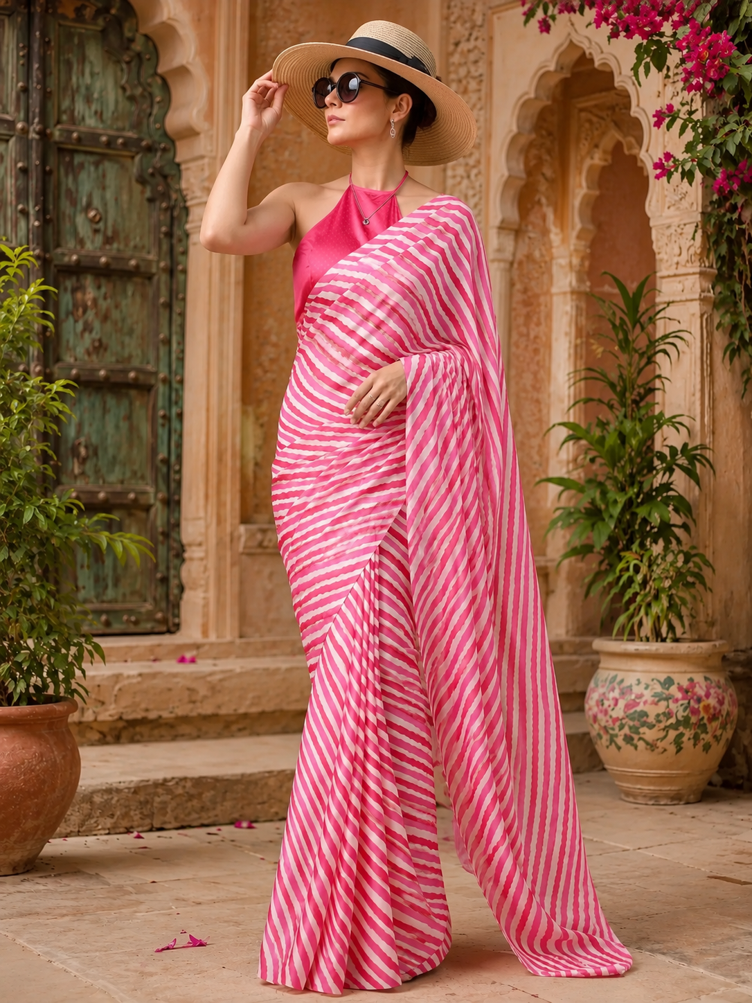 Satin Silk Party Wear Saree With Unstitched Blouse(Pink)