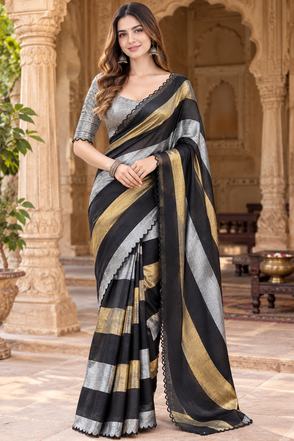Banarasi Tissue Silk Saree With Unstitched Blouse(Black)