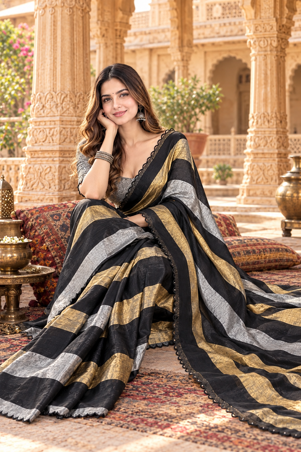 Banarasi Tissue Silk Saree With Unstitched Blouse(Black)