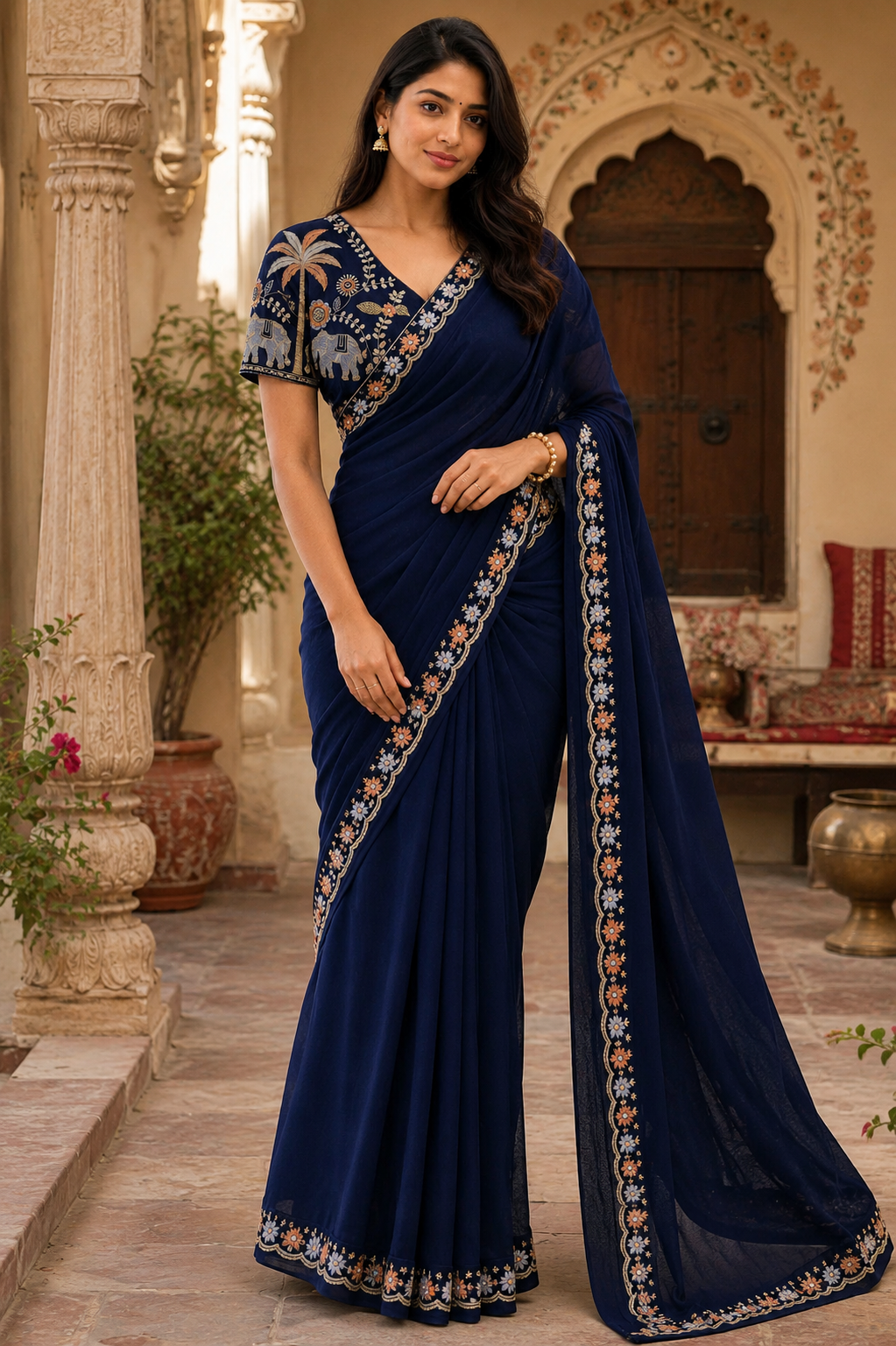 Sequins Embroidery Georgette Saree With Unstitched Blouse(Blue)