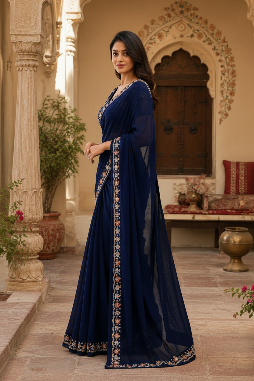 Sequins Embroidery Georgette Saree With Unstitched Blouse(Blue)