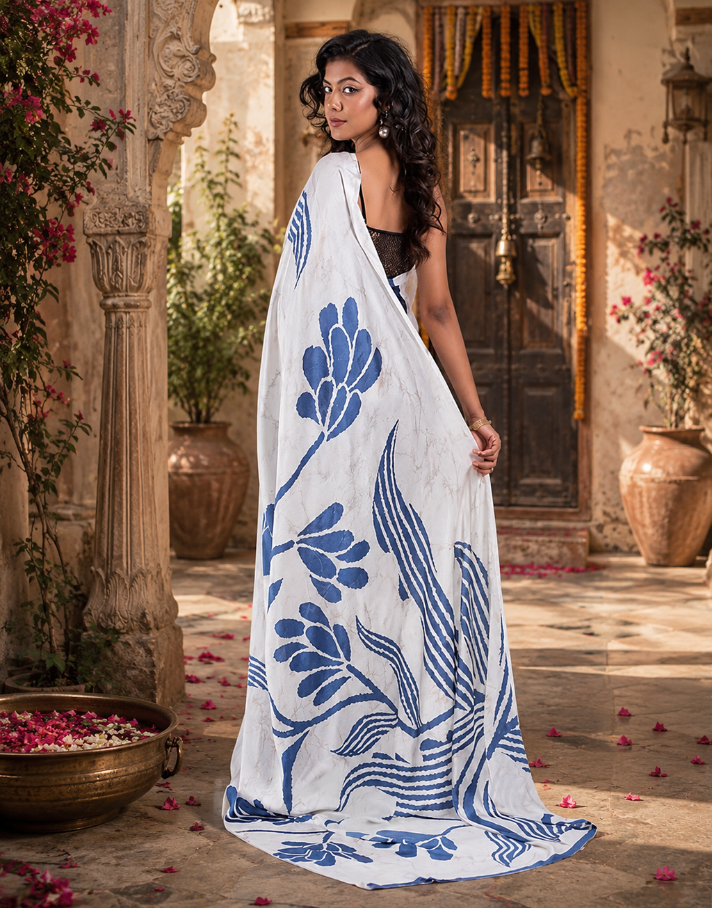 Satin Silk Digital Printed Saree With Unstitched Blouse(Blue)