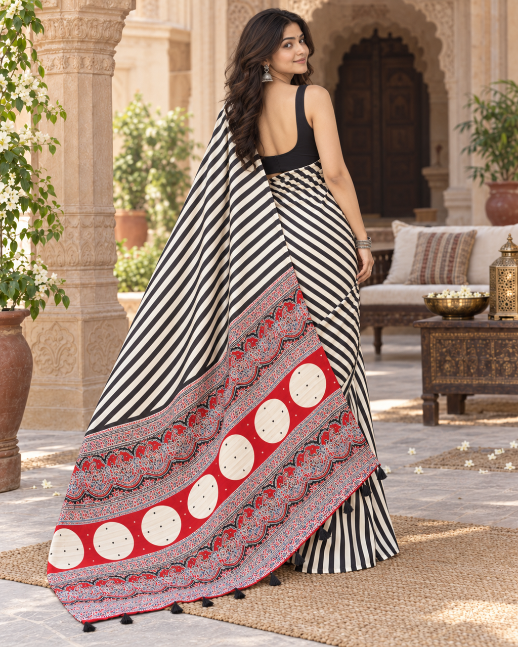 Satin Silk Ajrakh Printed Saree With Unstitched Blouse(Black)