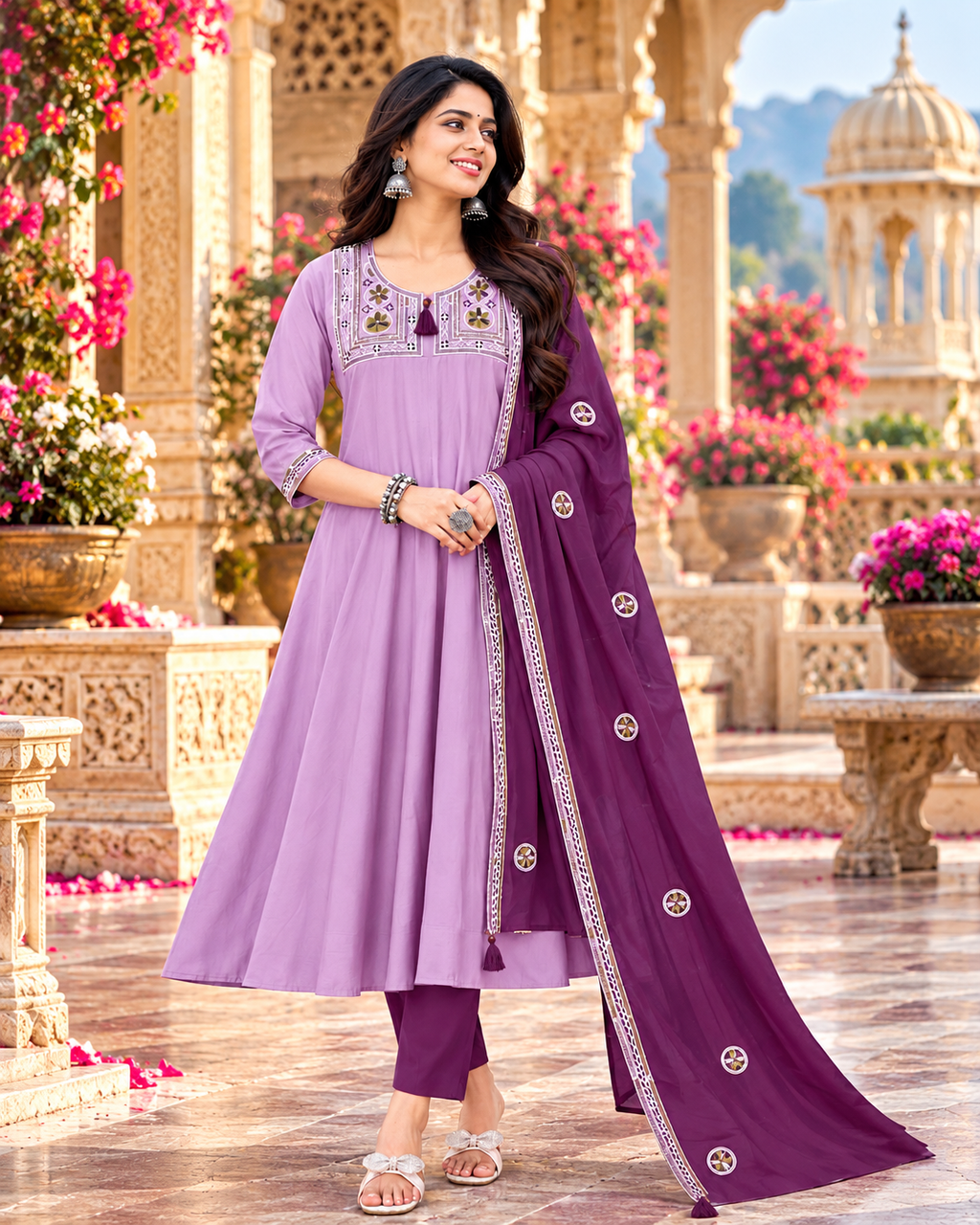 Roman Silk Embroidery Work Anarkali Kurti Pant Set With Dupatta(Violet)