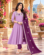 Roman Silk Embroidery Work Anarkali Kurti Pant Set With Dupatta(Violet)