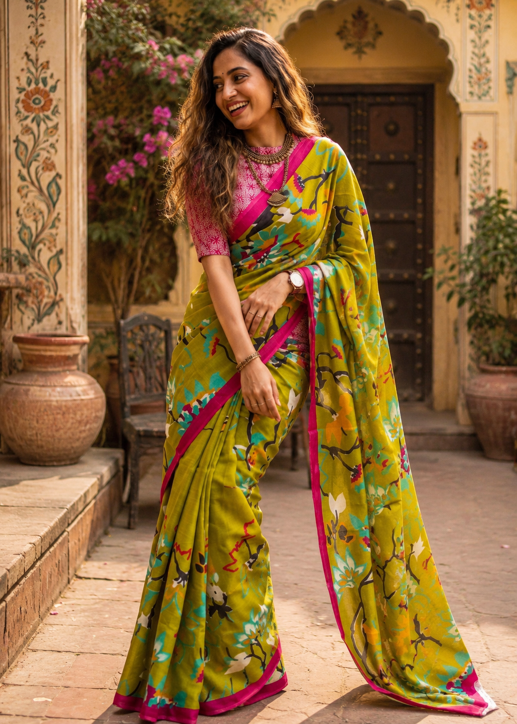 Mulmul Cotton Floral Printed Saree With Unstitched Blouse(Green)