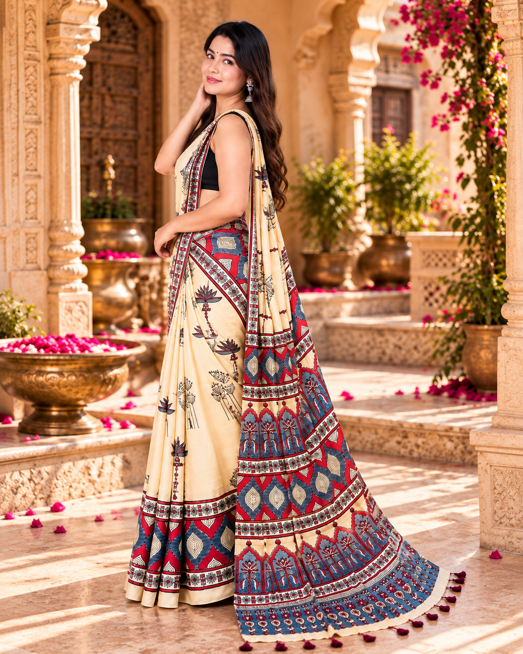 Premium Pure Satin Silk Ajrakh Print saree With Unstitched Blouse(Off White)