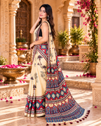 Premium Pure Satin Silk Ajrakh Print saree With Unstitched Blouse(Off White)