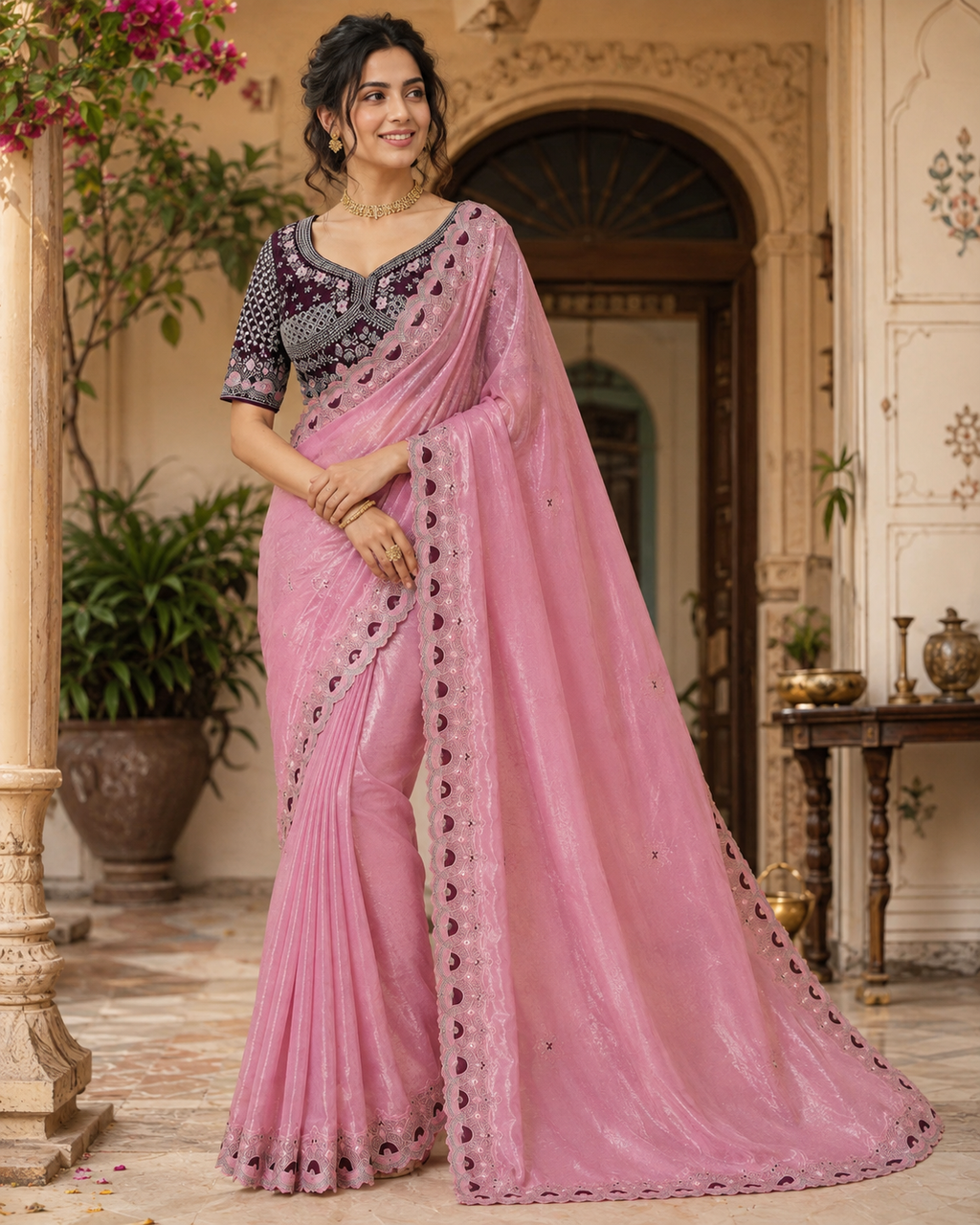 Premium Satin Silk Embroidery Work Saree With Unstitched Blouse(Pink)