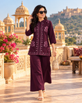Pure Cotton Embroidery Work Kurti Pant Two Piece Set(Wine)